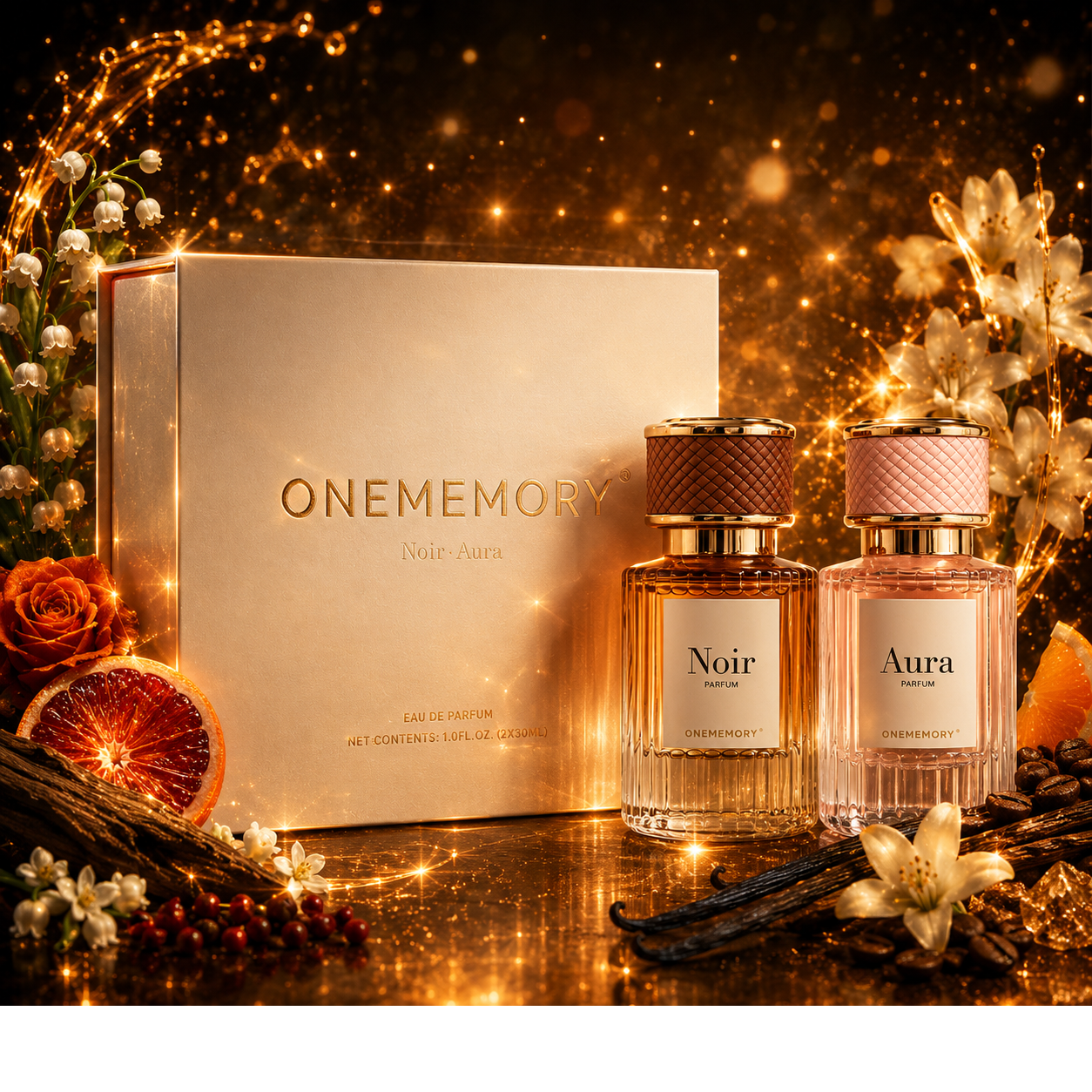 Parfum ONE MEMORY NOIR/AURA — 30 ml x 2. Une fragrance orientale florale et gourmande, présentée dans un élégant coffret cadeau